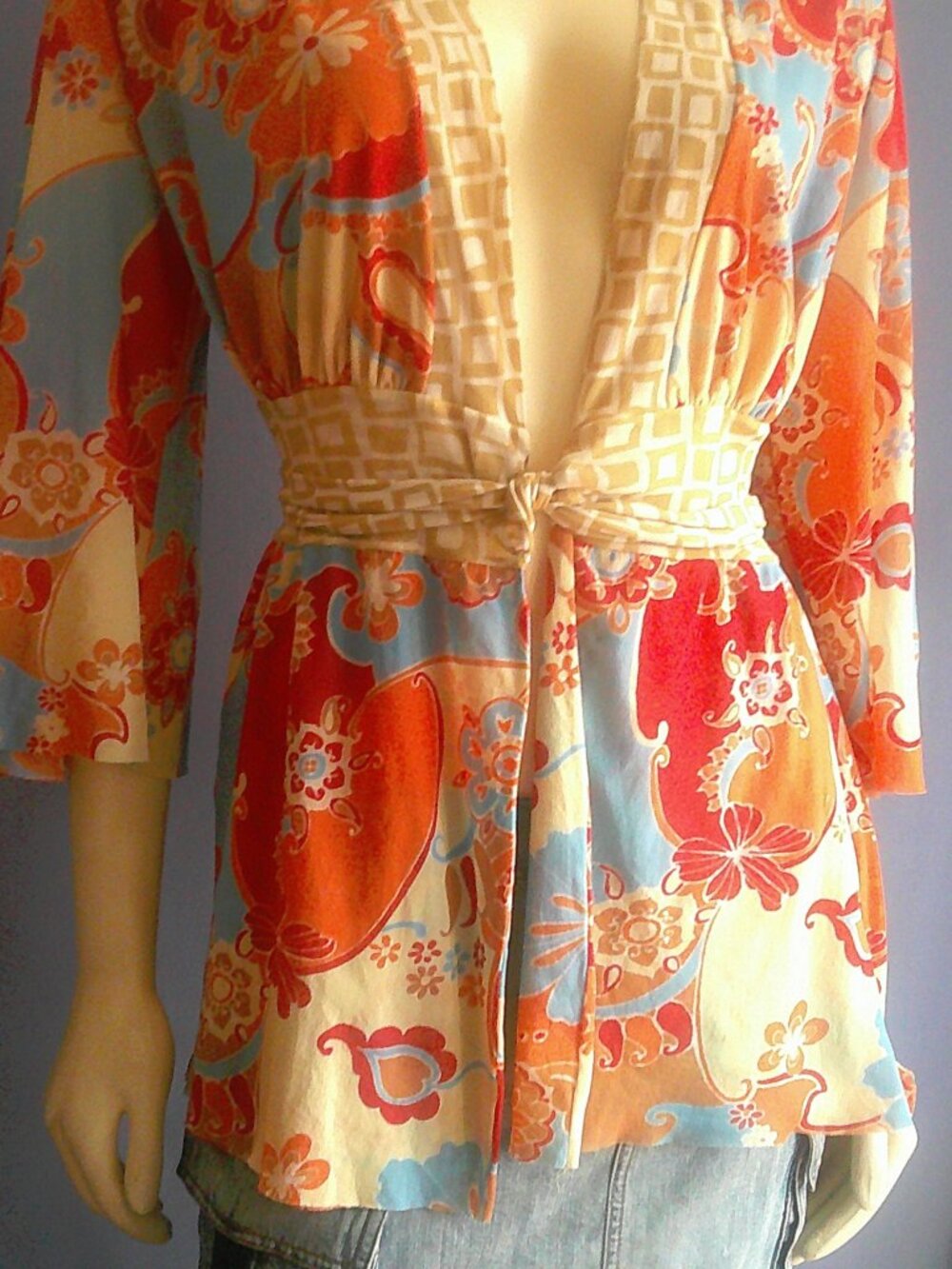 Sweet Pea Floral Mesh Stretch Kimono Vintage Top XL Runs Small - Picture 4 of 10